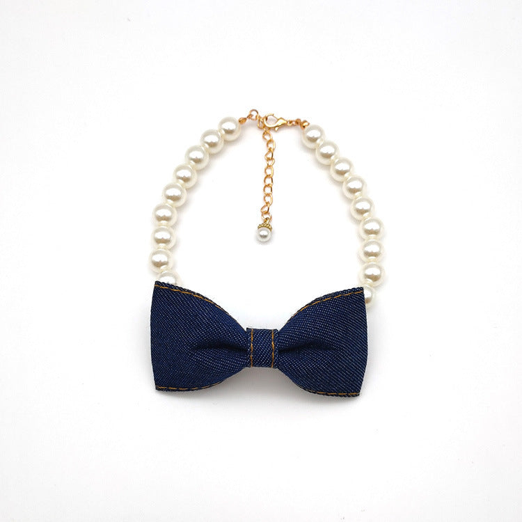 Pet Pearl Necklace with Denim Bow Pendant