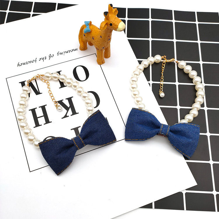 Pet Pearl Necklace with Denim Bow Pendant