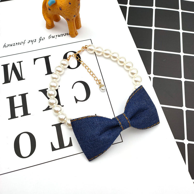 Pet Pearl Necklace with Denim Bow Pendant