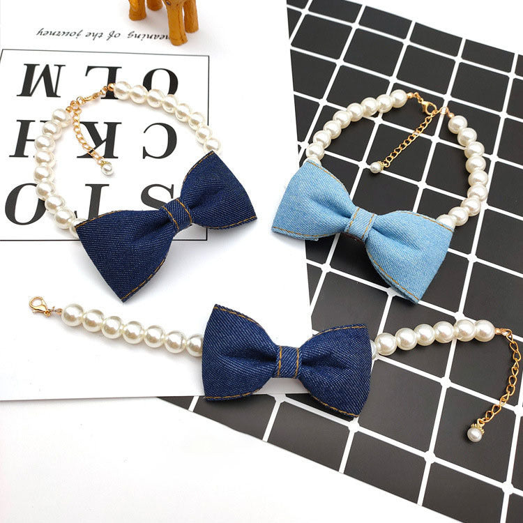 Pet Pearl Necklace with Denim Bow Pendant
