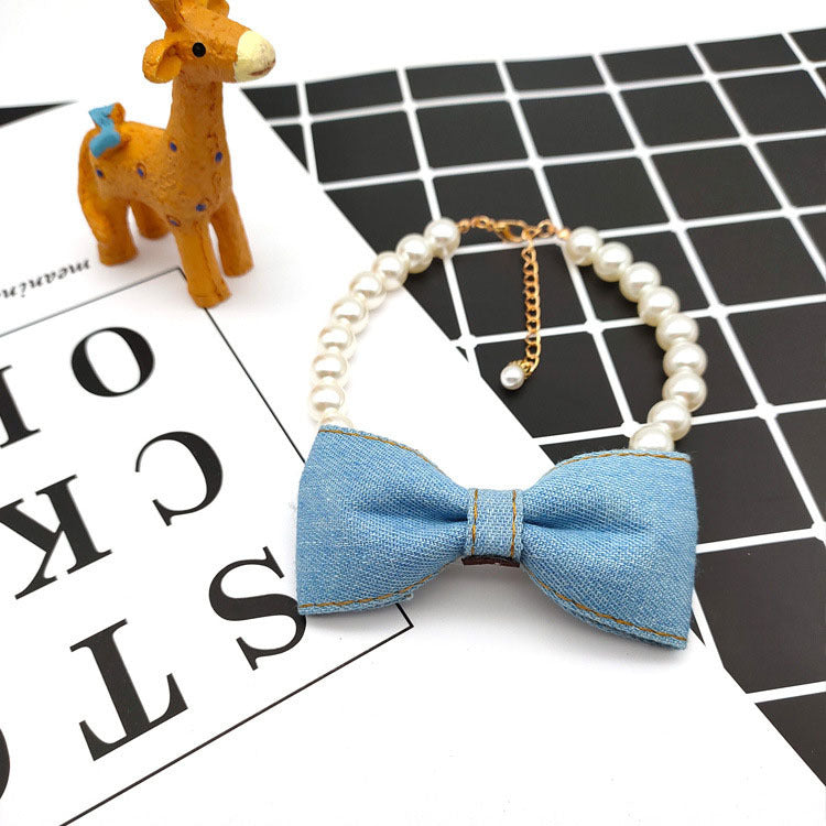 Pet Pearl Necklace with Denim Bow Pendant