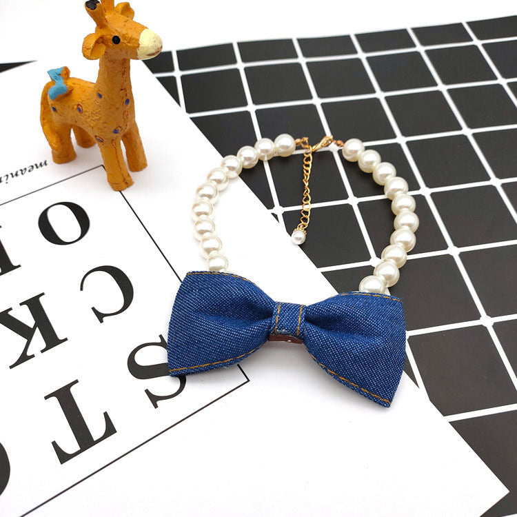 Pet Pearl Necklace with Denim Bow Pendant