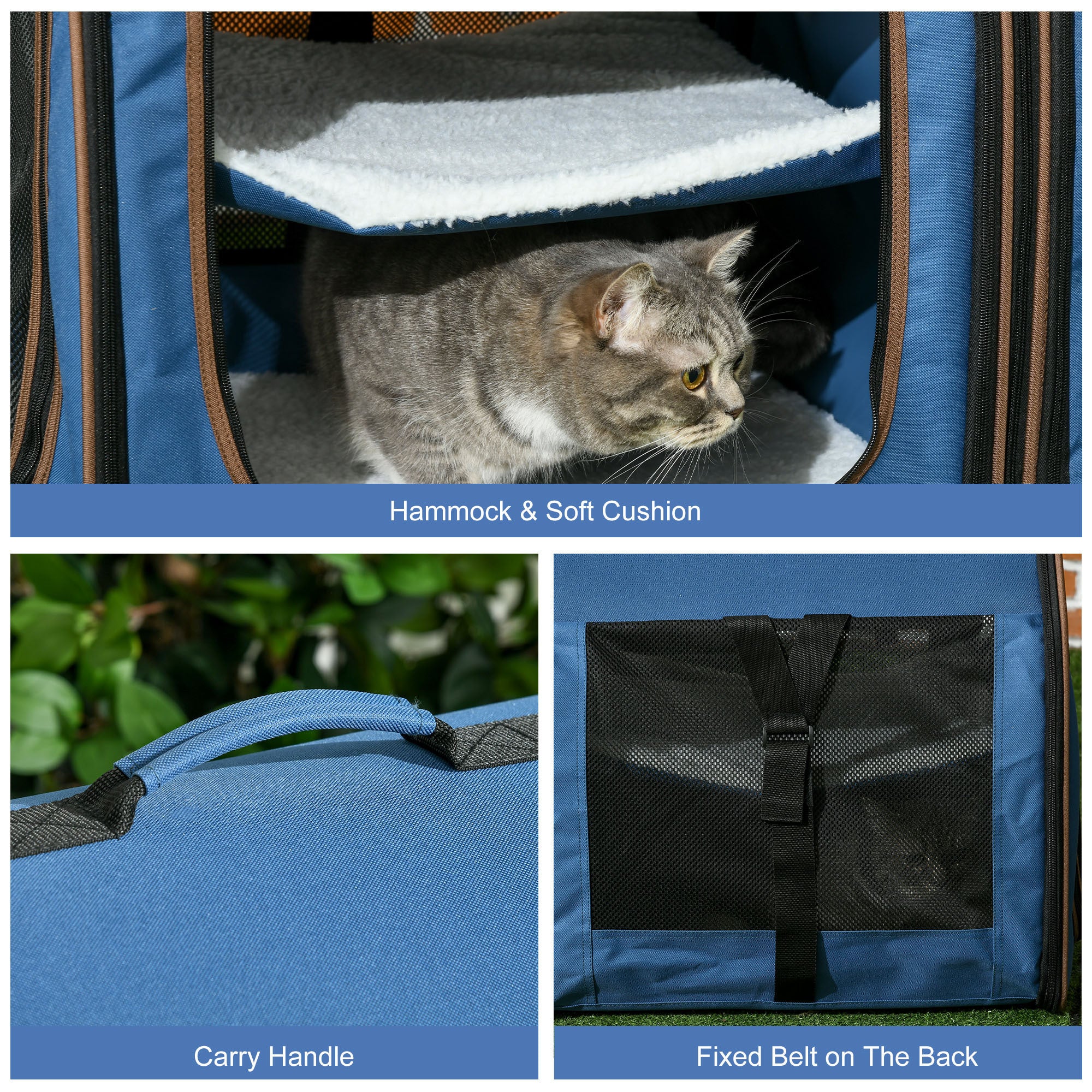 Portable Twin Compartment Show House Cat Cage 39  Soft-Sided Pet Kennel With Soft Cushions  Storage Bag Blue
