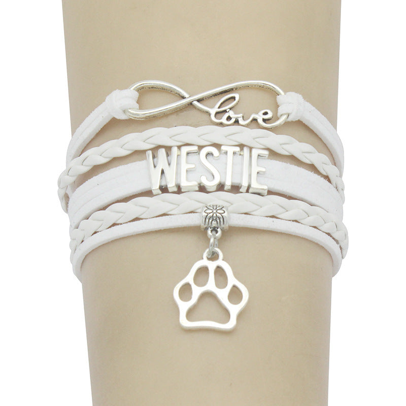 Alloy dog paw pendant braided bracelet