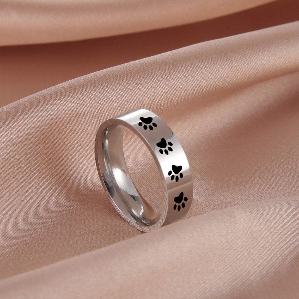 Laser Engraved Dog Paw Stainless Steel Ring
