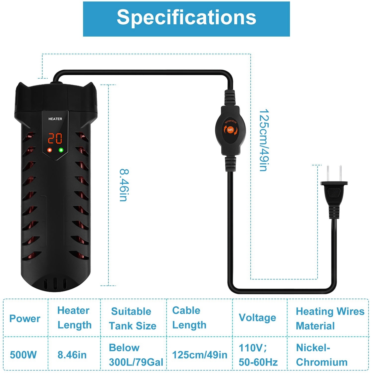 500W Submersible Aquarium Heater with External Controller