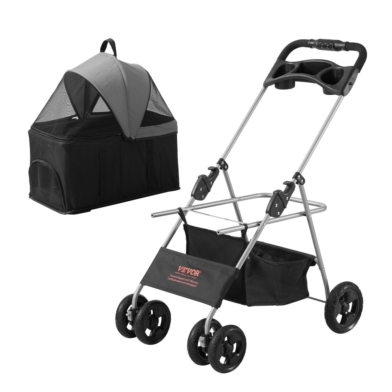 VEVOR Pet Stroller, 4-Wheel Dog Stroller with Brakes, Detachable Carrier, Blacky