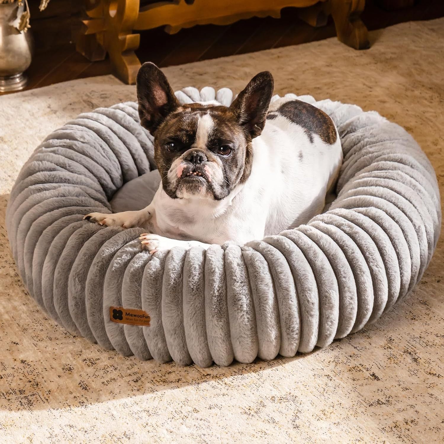 Cream Round Donut Bed for Puppies and Cats