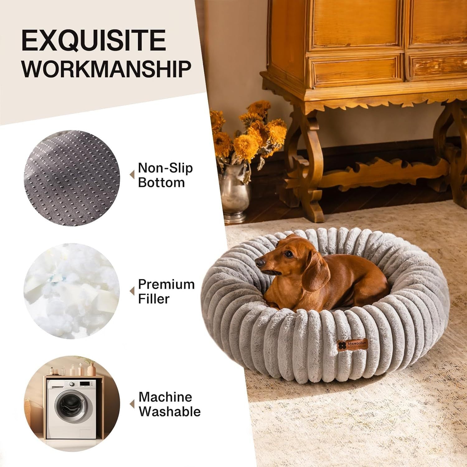 Cream Round Donut Bed for Puppies and Cats