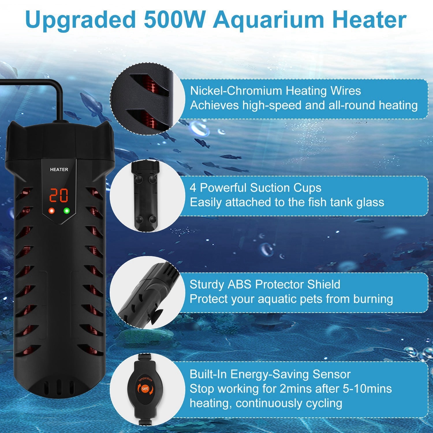 500W Submersible Aquarium Heater with External Controller