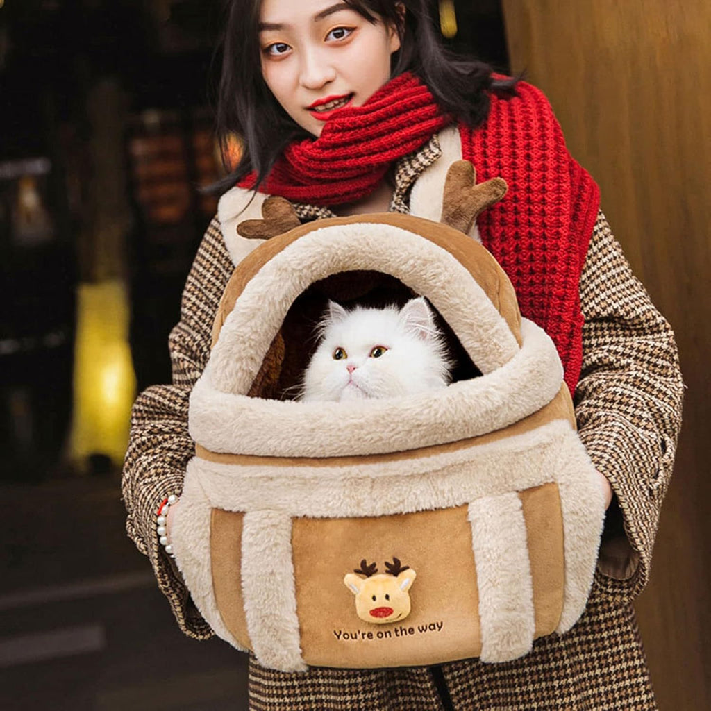 Winter Pet Backpack, Reindeer Design with Hand Warmers