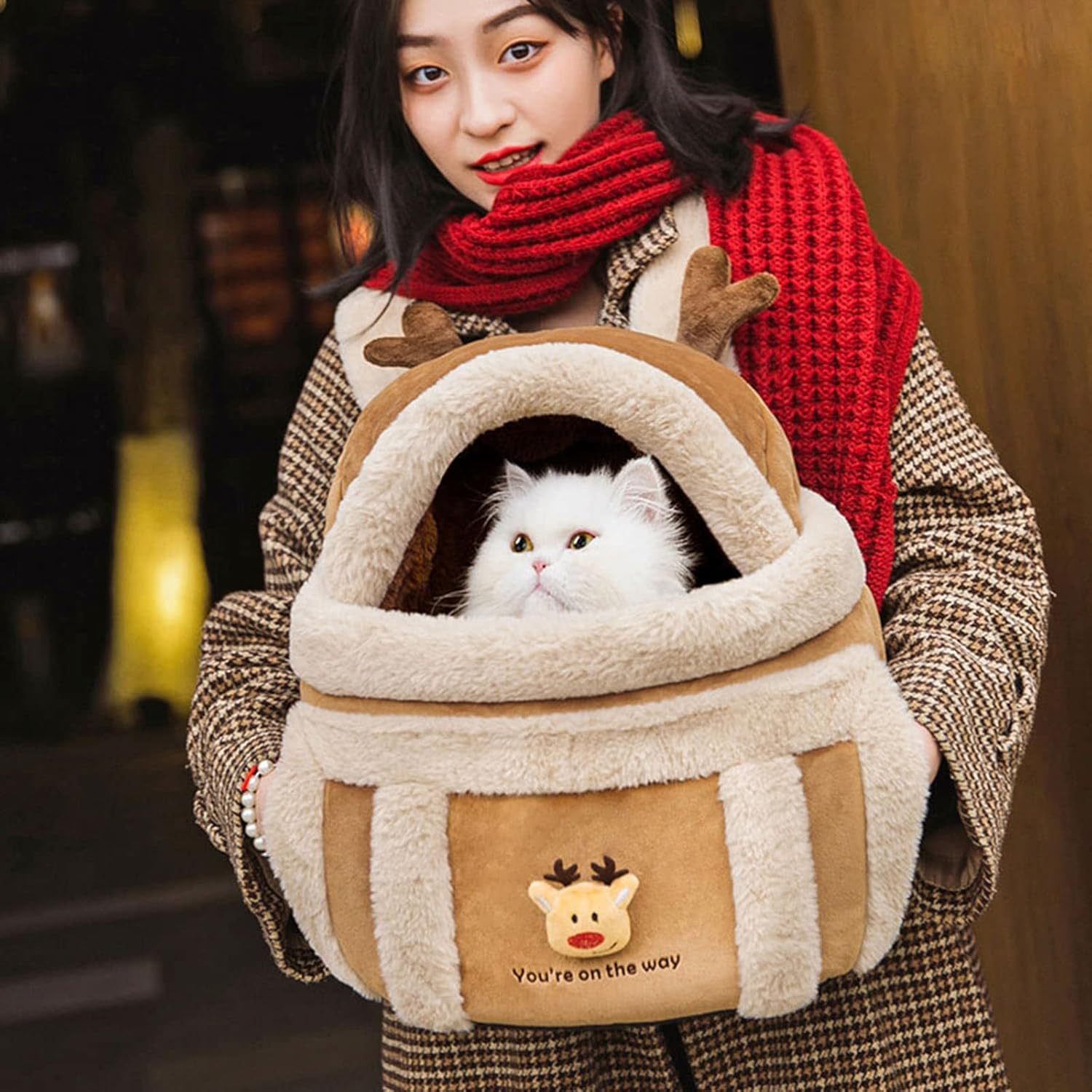 Winter Pet Backpack, Reindeer Design with Hand Warmers