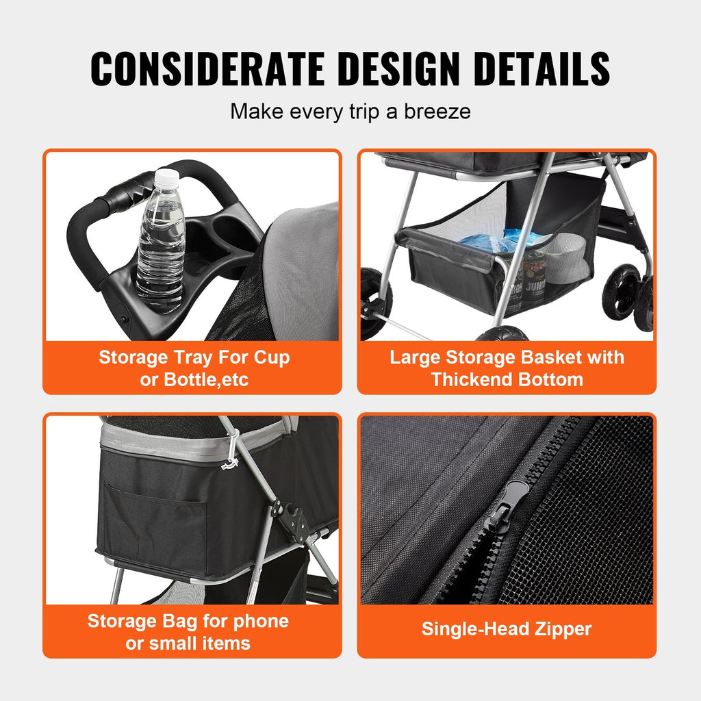 VEVOR Pet Stroller, 4-Wheel Dog Stroller with Brakes, Detachable Carrier, Blacky
