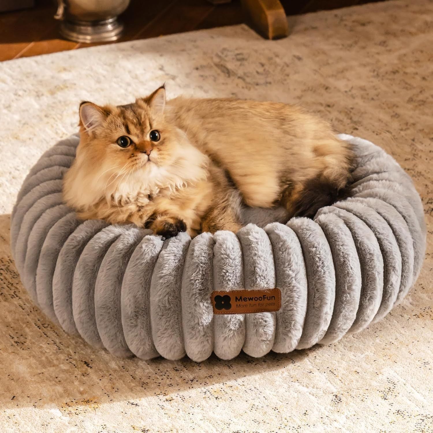 Cream Round Donut Bed for Puppies and Cats
