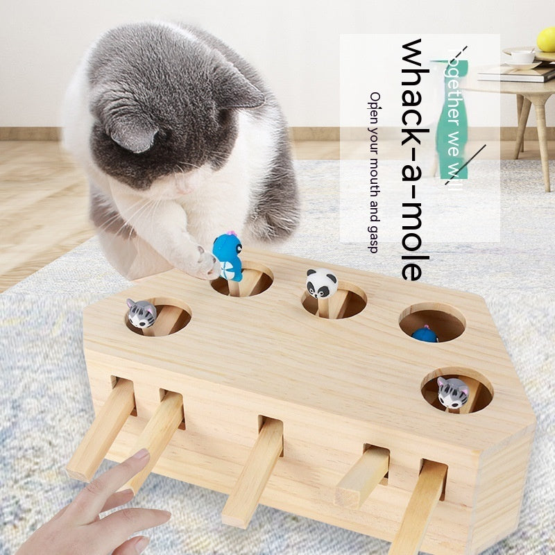 Wooden Whac-a-Mole Cat Toy, Interactive Puzzle Fun