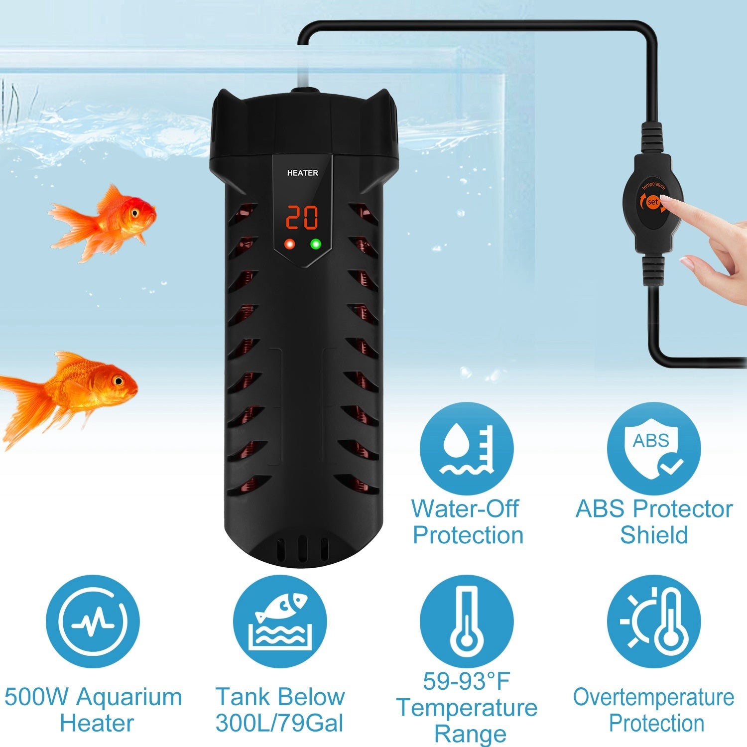 500W Submersible Aquarium Heater with External Controller