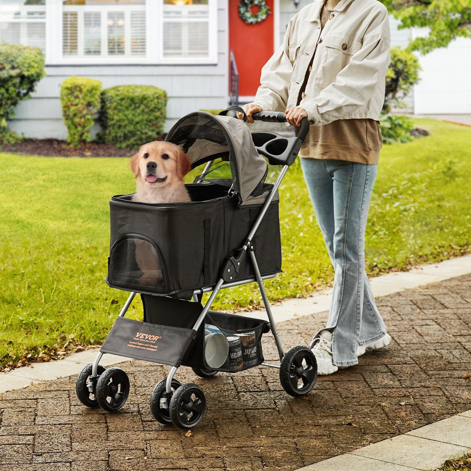 VEVOR Pet Stroller, 4-Wheel Dog Stroller with Brakes, Detachable Carrier, Blacky