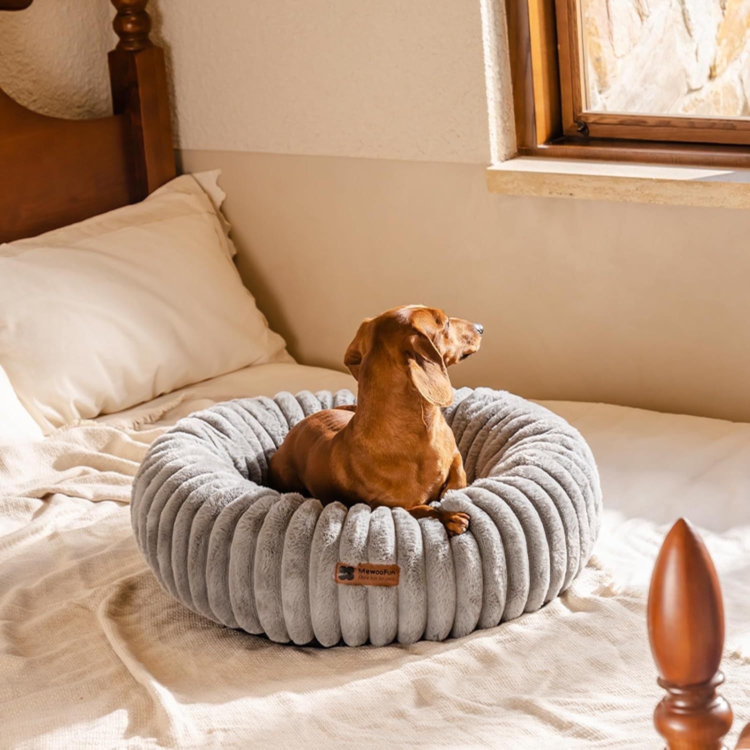 Cream Round Donut Bed for Puppies and Cats