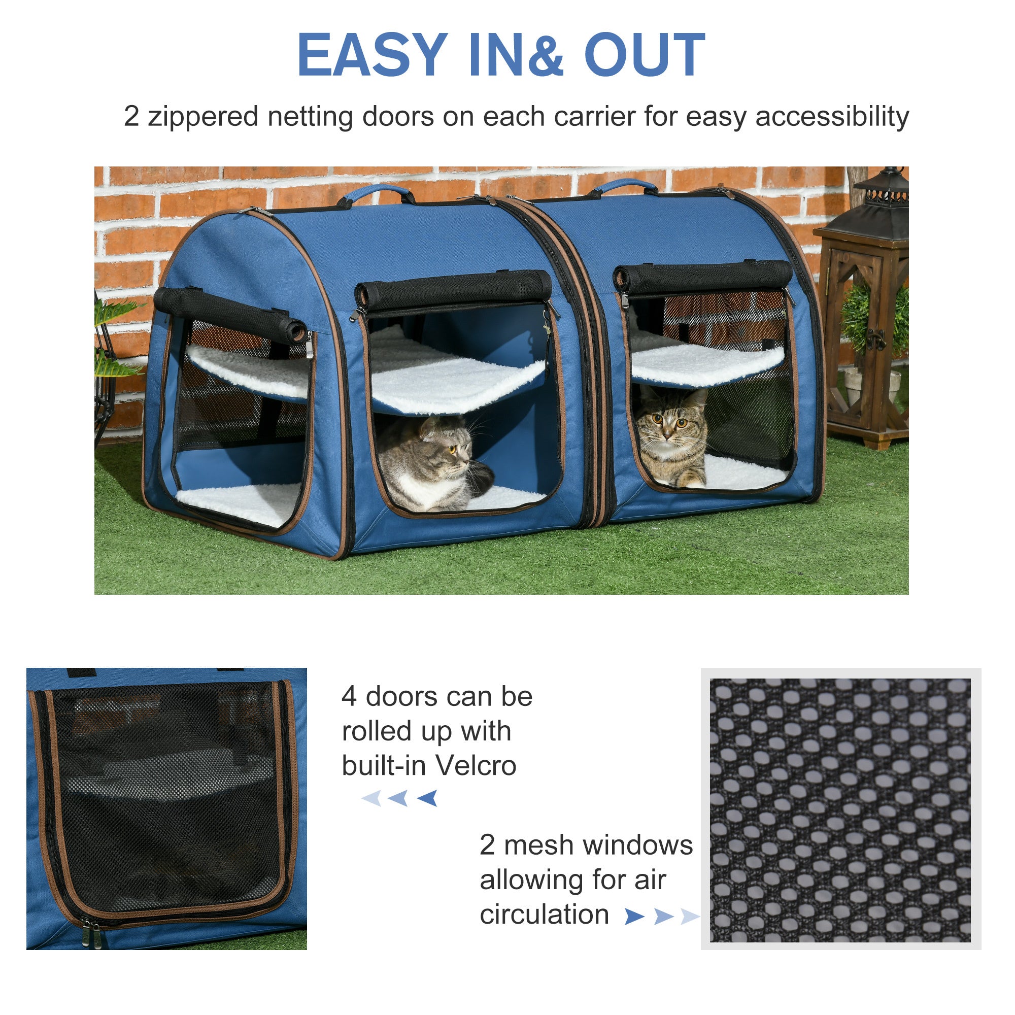 Portable Twin Compartment Show House Cat Cage 39  Soft-Sided Pet Kennel With Soft Cushions  Storage Bag Blue
