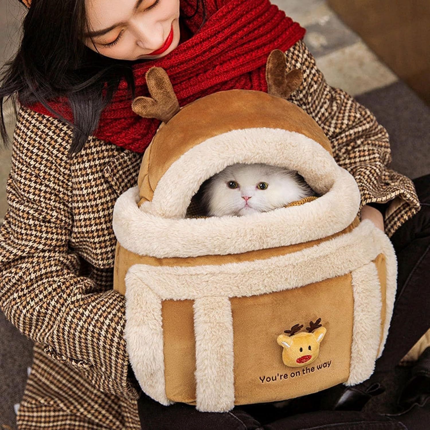 Winter Pet Backpack, Reindeer Design with Hand Warmers